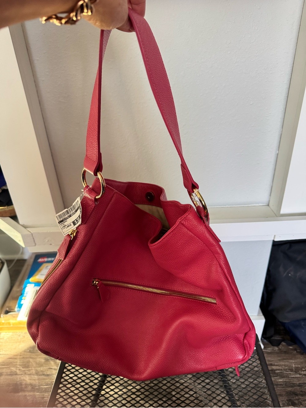Women's Pink Pebbled Leather Shoulder Bag with Gold Accents
